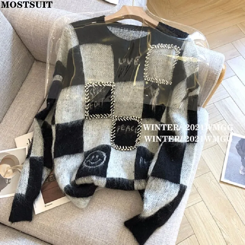 

Diamonds Checkerboard Mohair Sweater Tops Women Autumn Winter Long Sleeve O-neck Pullover Stylish Loose Vintage Soft Jumper Top