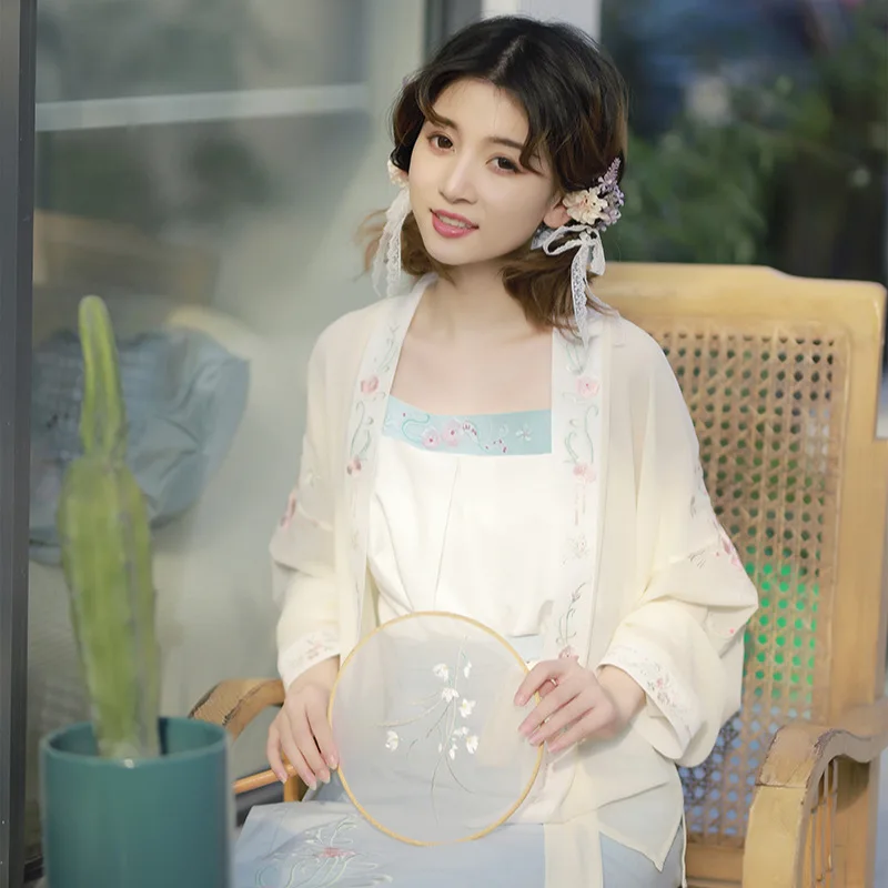 

Women Original New Chinese Style Embroidery Hanfu Oriental Vintage Traditional Three Piece Suit Dress Lady Fairy Skirt Costume