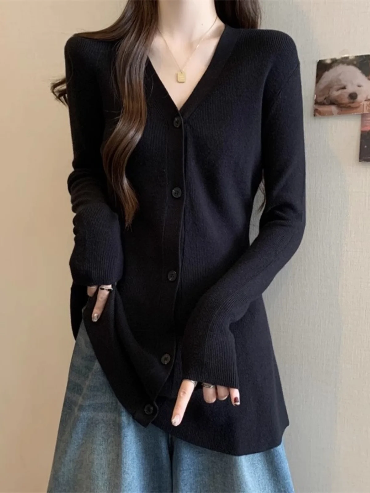 Plus size Autumn and Winter Long sleeve Design Sense Mid-Length V-neck Knit cardigan Women Chubby Girl Slimming Slim fit Bott...