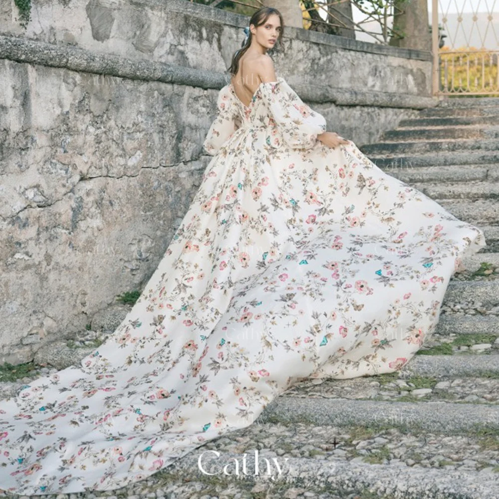 

Cathy Idyllic Style Prom Dresses 2023 Sweep Train Evening Dress Puffy Sleeve فستان سهرة Sweetheart 3D Printing Robe De Soirée