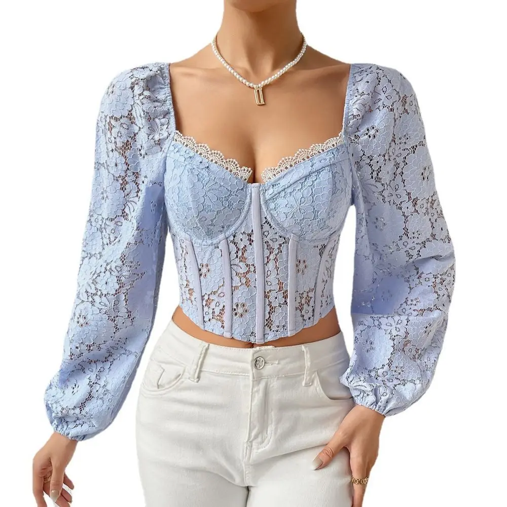 

PassionLAB Women Crop Tops Lace See Through Long Sleeved Underwired Fishbone Girdle Vest