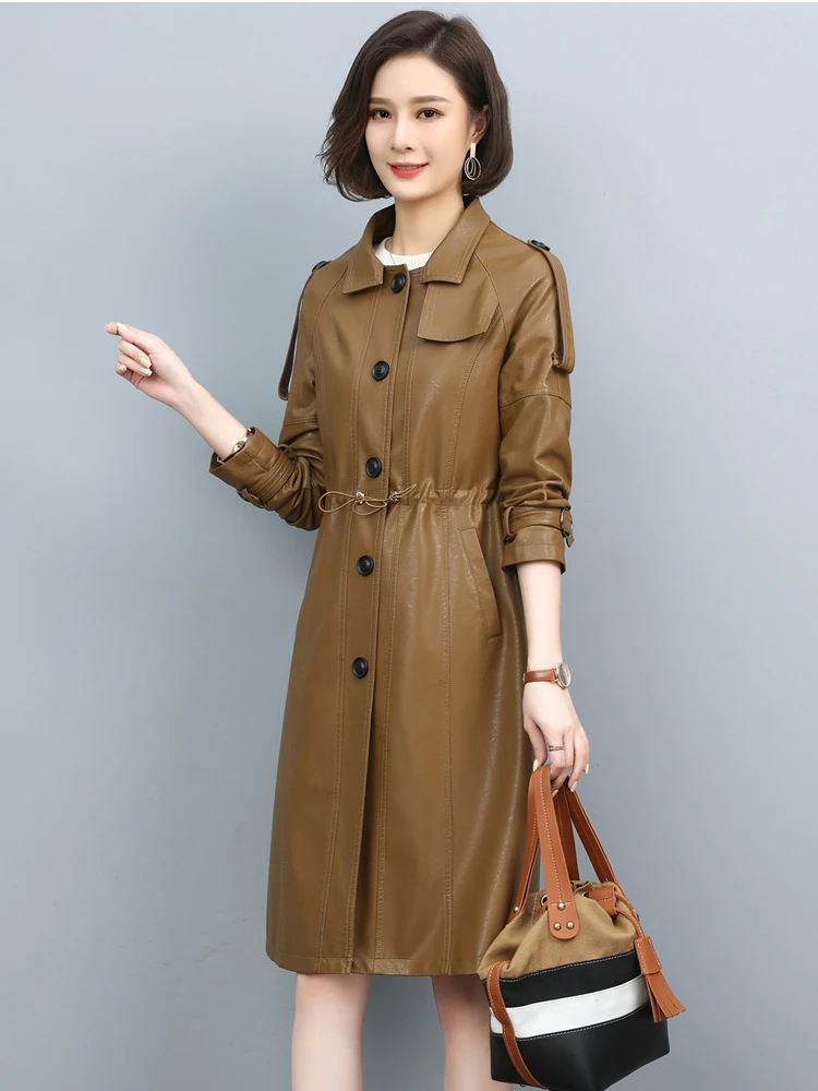 New Women Leather Trench Coat Spring 2022 Fashion Turn-down Collar Solid Color Drawstring Loose Long Sheepskin Coat
