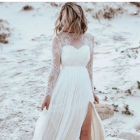 bohemian lace applique chiffon wedding dress full sleeve backless beach bride gown split boat neck sweep train vestidos de novia