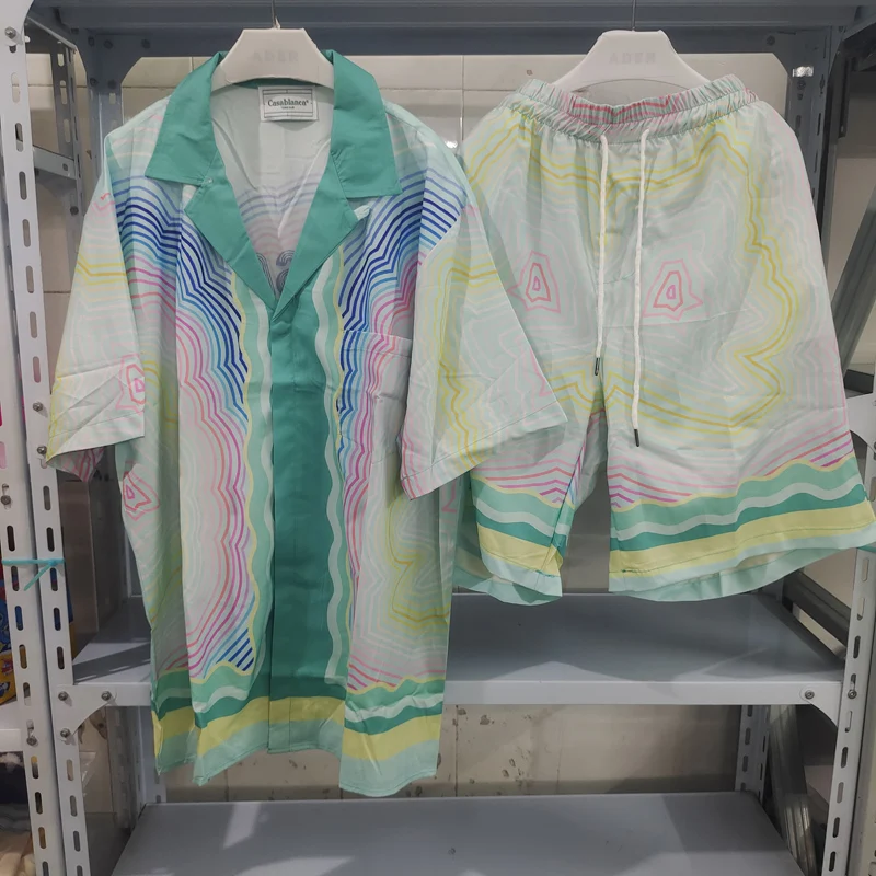 Thin Fabric Casablanca Shortpant Shirt Set Rainbow Stripe Colorful Man Portrait Print Suit Hawaii Beach Surf For Men Women