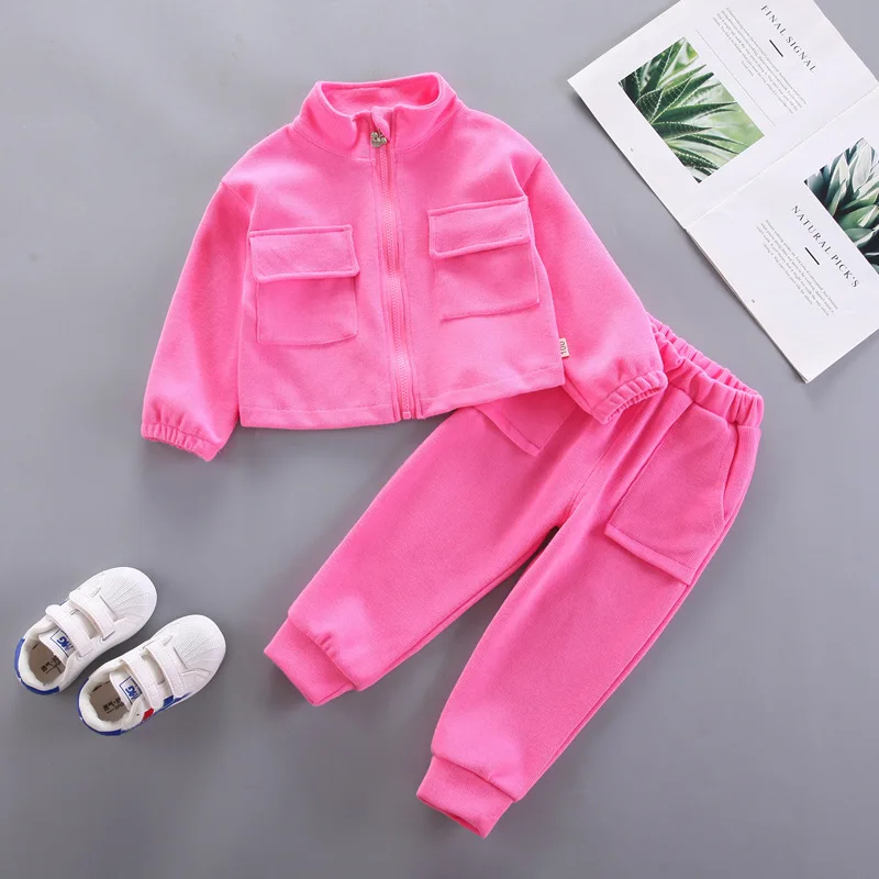 

Спортивные костюмы для девочек, весенне-осенние розовые комплекты одежды, детская модная куртка на молнии с карманами и штаны, комплект из 2 предметов, детский спортивный костюм