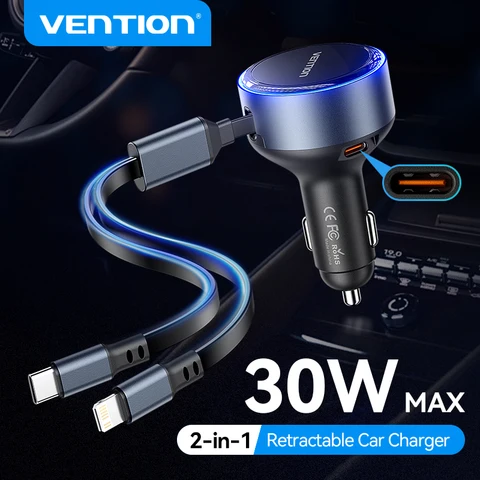 Выдвижное автомобильное зарядное устройство Vention 2-в-1, USB-зарядка, 60 Вт Max PD, быстрая быстрая зарядка с кабелем для iPhone, Samsung, Xiaomi, Huawei