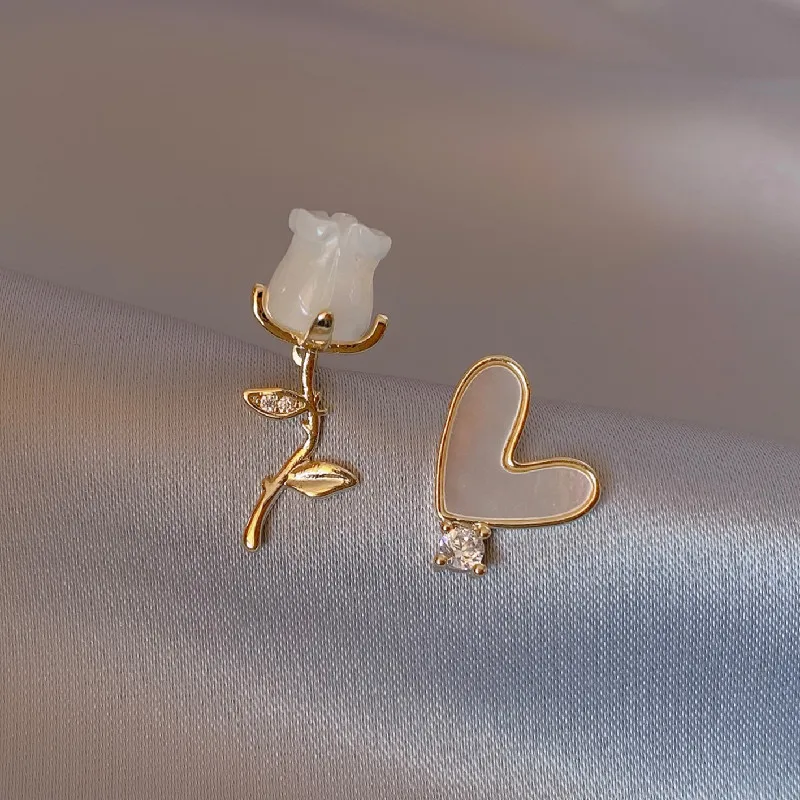 

Korea New Design Fashion Jewelry Sweet Shell Love Rose Asymmetric Earrings Elegant Women's Daily Work Accessories