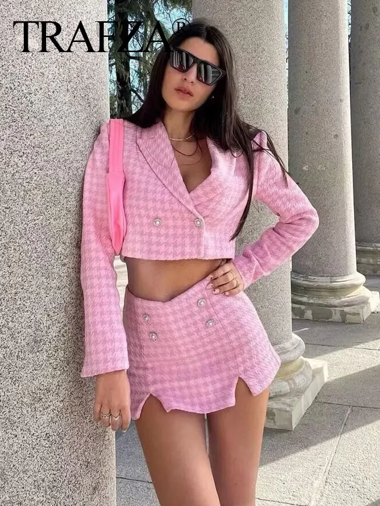 TRAFZA 2024 Autumn Houndstooth Culottes Suits For Women New Long Sleeves Cropped Blazer Top + Chic Elegant Female Shorts