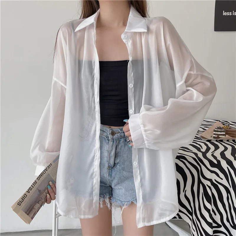 

Chiffon Women's Blouse White Casual Shirt Fashion Loose Long Sleeve Summer Elegant Top 2022 Female Clothing