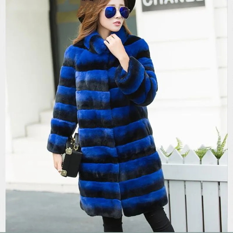 Women's Real Rex Rabbit Fur Coat Stand Collar Natural Fur Winter Jacket Long Style Chinchill Genuine Fur Coats