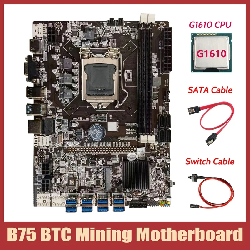 

B75 BTC Mining Motherboard+G1610 CPU+SATA Cable+Switch Cable LGA1155 8XPCIE to USB DDR3 B75 USB BTC Miner Motherboard