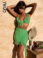 yikuo green mesh ruffles sexy summer dress women 2022 cut out high waist skinny mini dresses casual y2k party beach dresses
