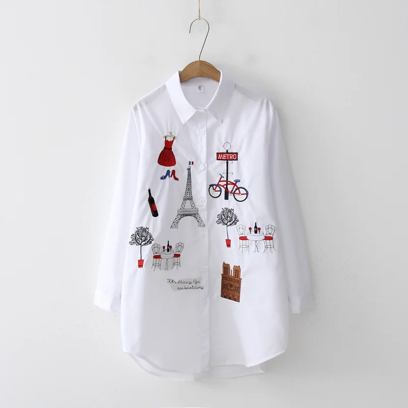 

New White Women Blouse Long Sleeve Cotton Embroidery Blouse Lady Casual Button Design Turn Down Collar Female Shirts Camisetas