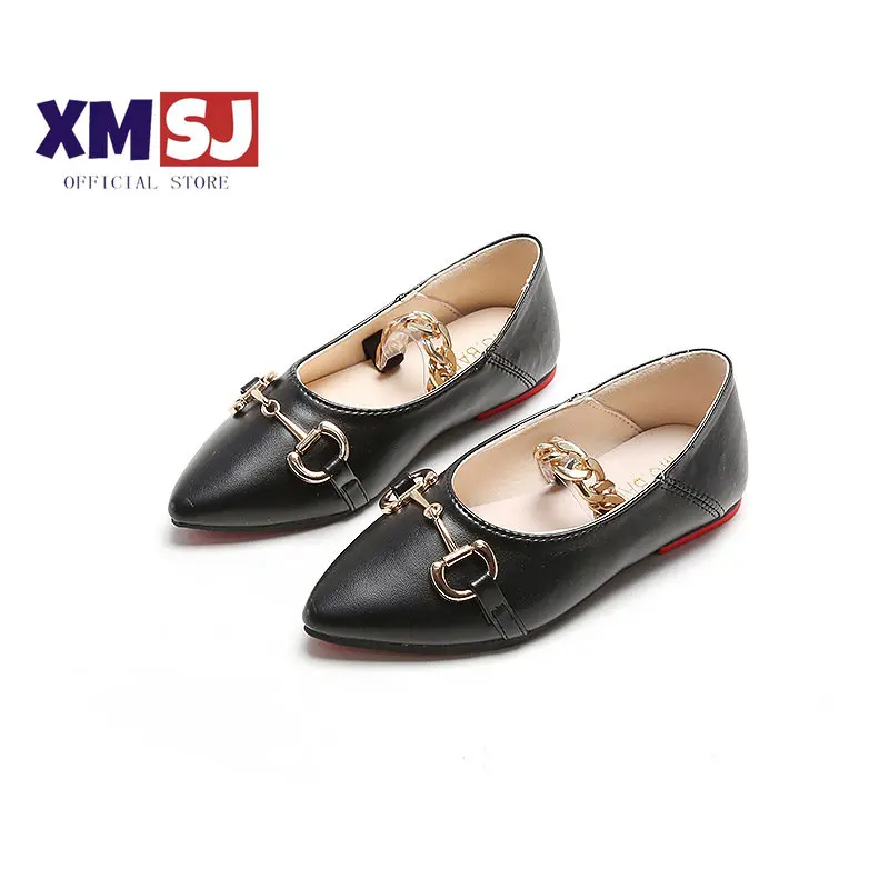 Enlarge 2023 Spring New Soft Chic Princess Leather Shoes Retro Metal Chains Cute Pointed-toe Flat Shallow Mary Janes Kids Fashion Solid
