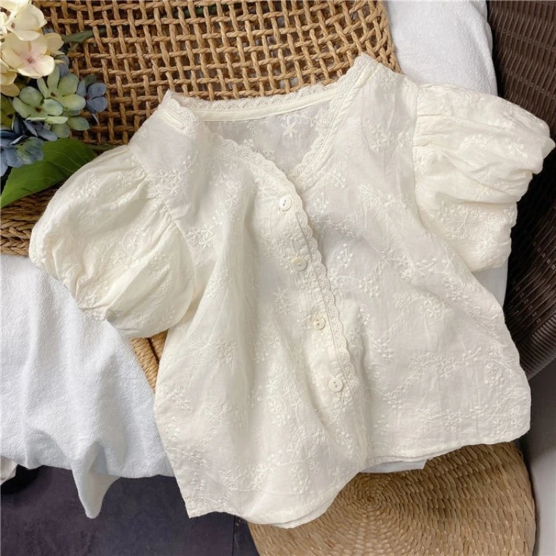 

Summer Girls Shirts Lace Collar Kids T-Shirts Puff Sleeves Kids Tops Korean Style Girls Shirts Clothes Kids Girls T-Shirts Solid