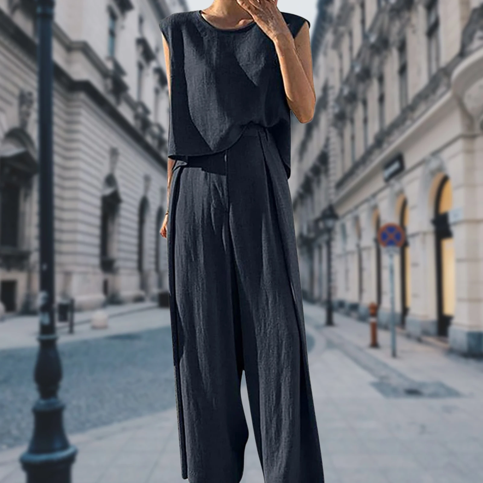 

Loose High Waist Ladies Casual Shirt Pants Suits Cotton Cropped Tank Tops Pants Sleeveless Boho Style Crew Neck Dailywear Outfit