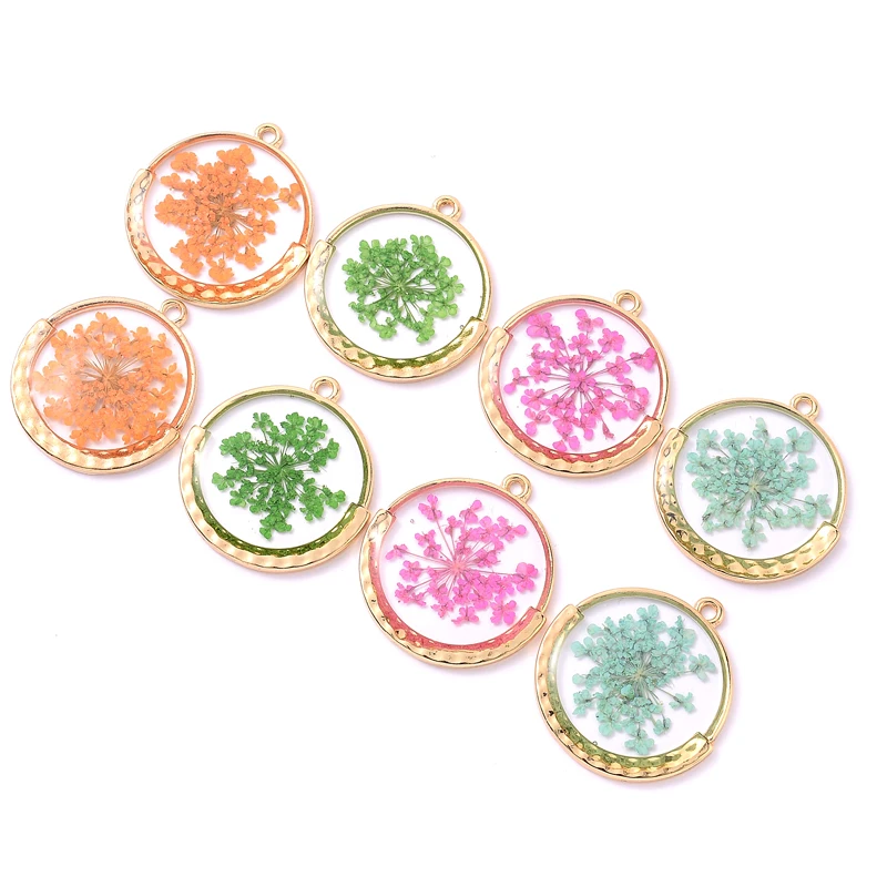 

12Pcs Round Pressed Plated Epoxy Natural Real Daffodils Sakura Plum Blossom Dried Flower Resin Charms Pendant for Jewelry Making