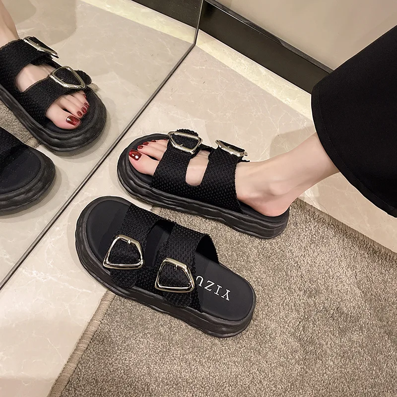 

Low Shoes Woman 2022 Slipper Rome Fabric TPR Hoof Heels Slides Cotton Shoes Low Ladies' Slippers Cotton Fabric Hoof Heels Rome T