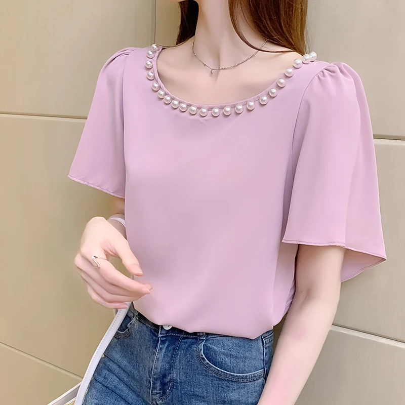 

Summer Women Beaded Crew Neck Solid Short Sleeve Casual Loose Chiffon T Shirt Blouse Top Ladies Work Office