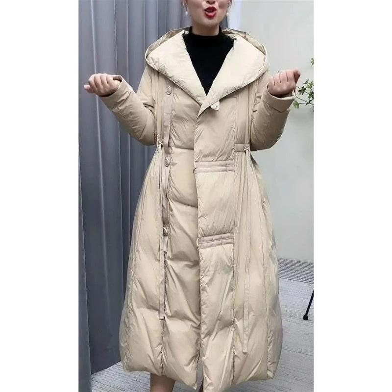 

2023 Down Knee Length Hoodie Design Sense 90 White Duck Down Central European Goods Waist Drawcord Looks Thin and Fashionable