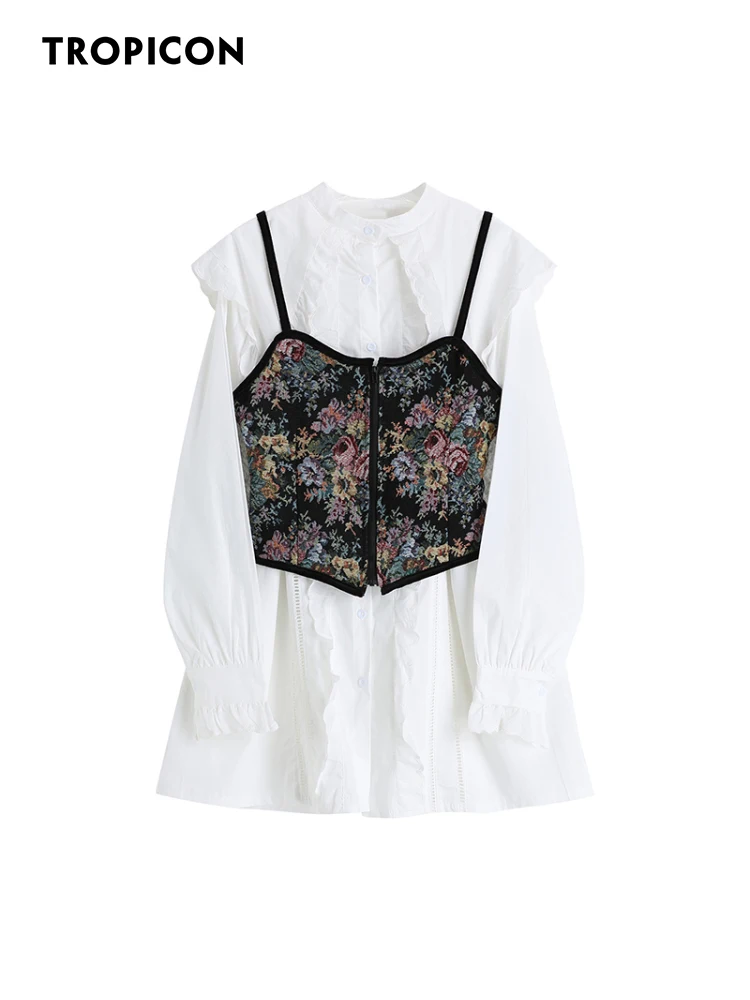 

TROPICON Court Vintage Sailor Collar White Button Up Shirt For Women Ruffle Corset Shirt Long Sleeve Top And Blouse Designer