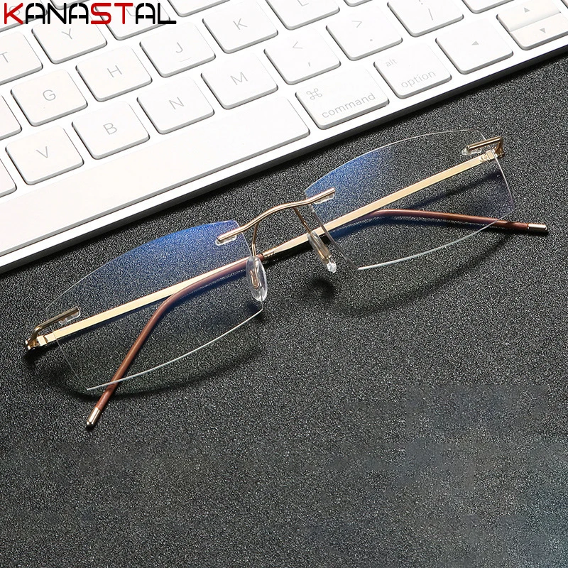 

Men Anti Blue Light Blocking Reading Glasses Metal HD Lens Ultralight Frameless Eyewear Women Hyperopia Presbyopic Glasses +4.0