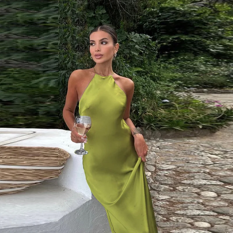 

Stain Halter Backless Cross Strap Evening Long Dress Elegant Women Summer Sleeveless Vestidos Prom 2023 Party Formal Occasion
