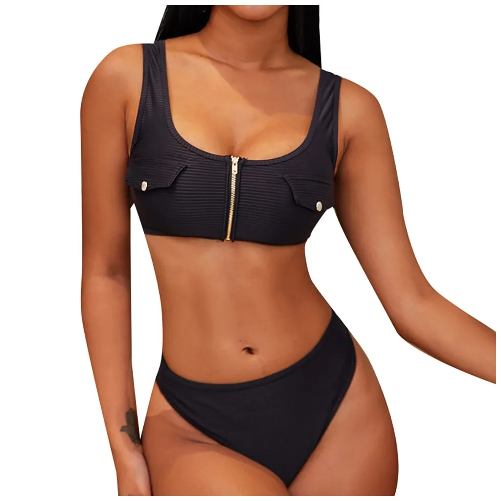 

Soild Zipper Swimsuit Swimwear Sexy Bikinis Push Women Bikini Up Buttons Set Swimwears Tankinis Set Swimwears bikini string