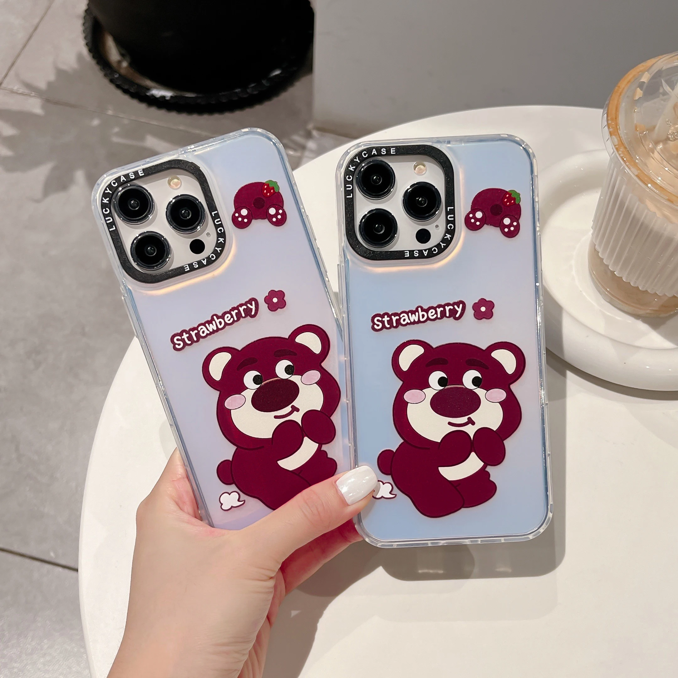 

14 13 Pro Max Reversible Gradient Strawberry Bear Case for iPhone 13 12 11 14 XS Pro Max XR X Shockproof Back Cover