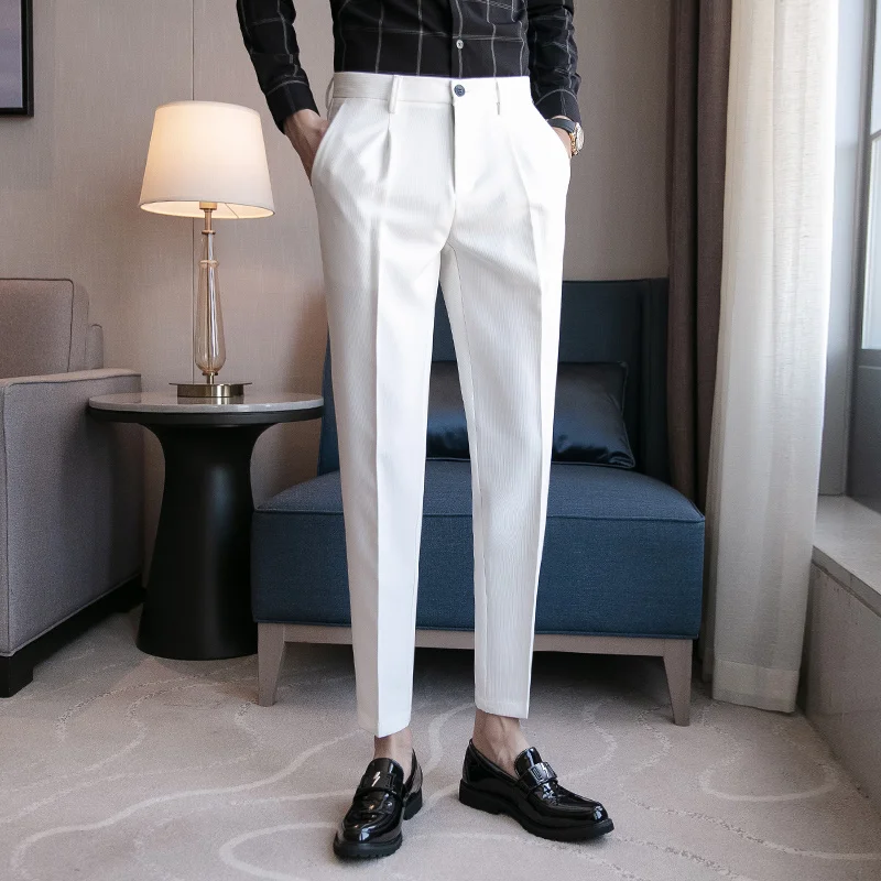 

Новинка 2022, мужские облегающие деловые строгие брюки для костюма длиной до щиколотки, летние строгие брюки черного, белого, серого цветов