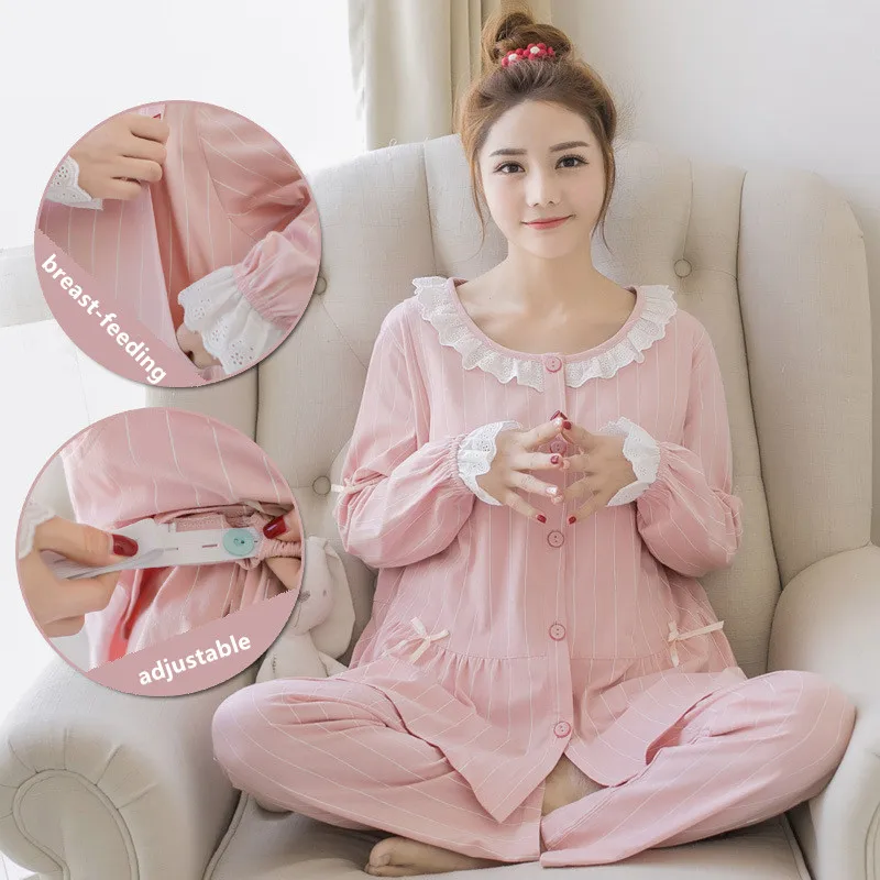 

2Pcs Per Set Sweet Maternity Nursing Nightwear Pink Cotton Breastfeeding Sleepwear For Pregnant Women Autumn Pregnancy Pajamas