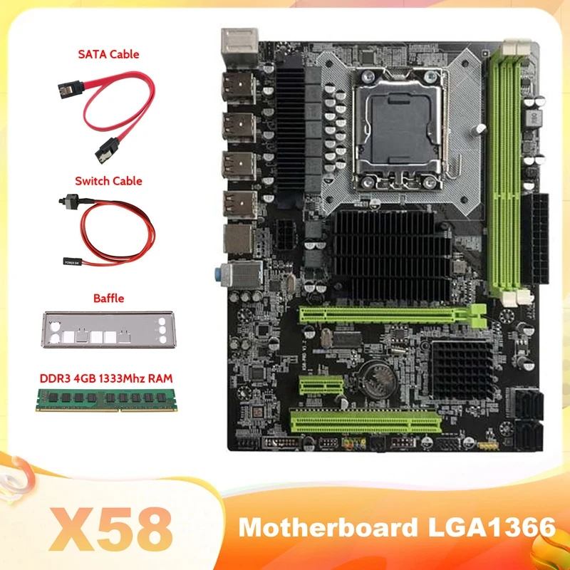 

Материнская плата X58 LGA1366 для компьютера, материнская плата с поддержкой DDR3 ECC памяти с DDR3 4 Гб 1333 МГц ОЗУ + кабель SATA + кабель переключателя
