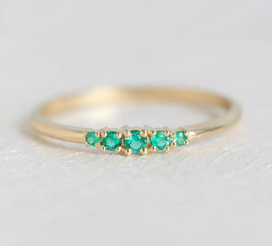 

Emerald Green Gems Ring 2MM/1.7MM/1.2MM Colombia Round Cut 14K 18K Yellow Gold for Woman Engagement Gift