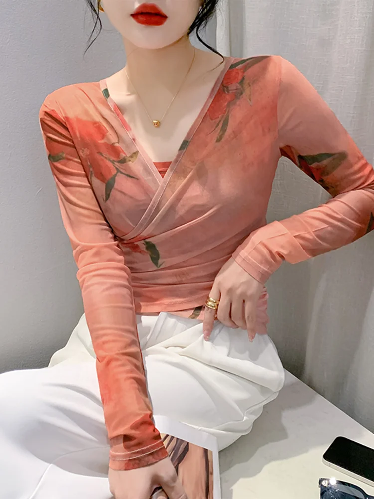 

Winsleter Streetwear T-Shirts Long Sleeves Tees Women Sexy V Neck Print Slim Mesh Tops Autumn Winter T39506JM