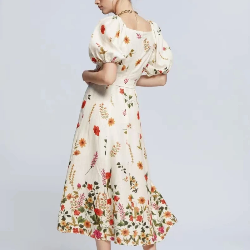 2023 Spring and Summer New V-neck Printed Mid-length Puff Sleeve Dress for Women