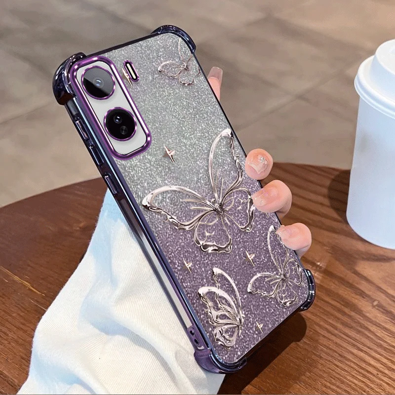 Фото Чехол с блестящим покрытием для Vivo T5 Pro, TPU, противоударный, с узором в виде бабочек, защита углов. №1