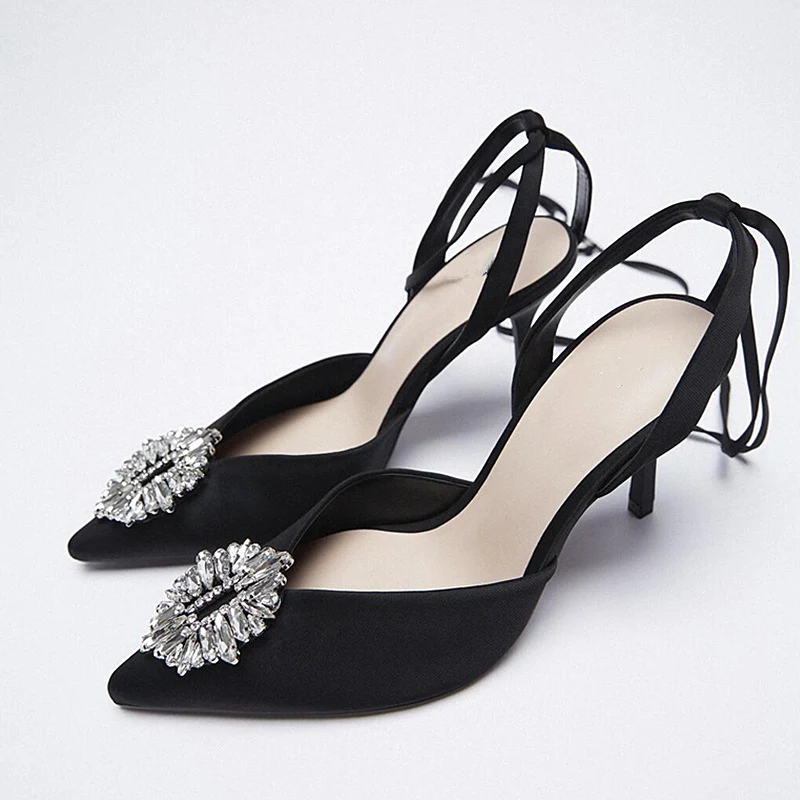 

2021 Summer New Women's Black shoes Rhinestone Pointed Toe Ankle strapp Wedding shoes High Heel Sandals for Women