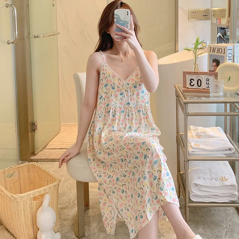 Women Summer Night Infections Printing Bra Sling Pajama Dresses Cotton Sexy Lace Long Length Student Room Wear Nighty For Lady
