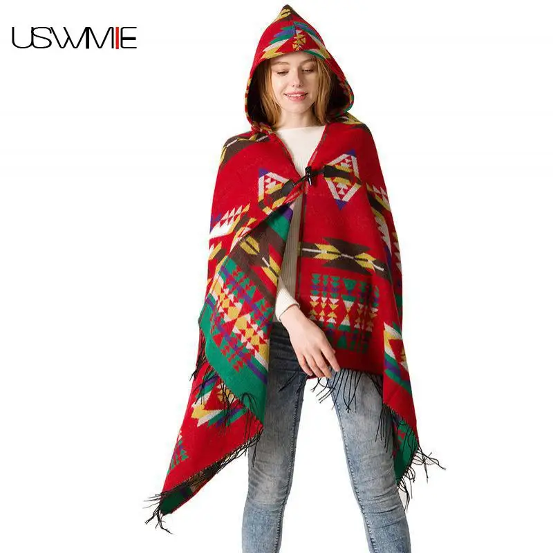 

Free Shipping Poncho Women Autumn Winter National Wind Bohemian Hit Color With Hooded Horn Button Comfort Ladies Poncho Cape