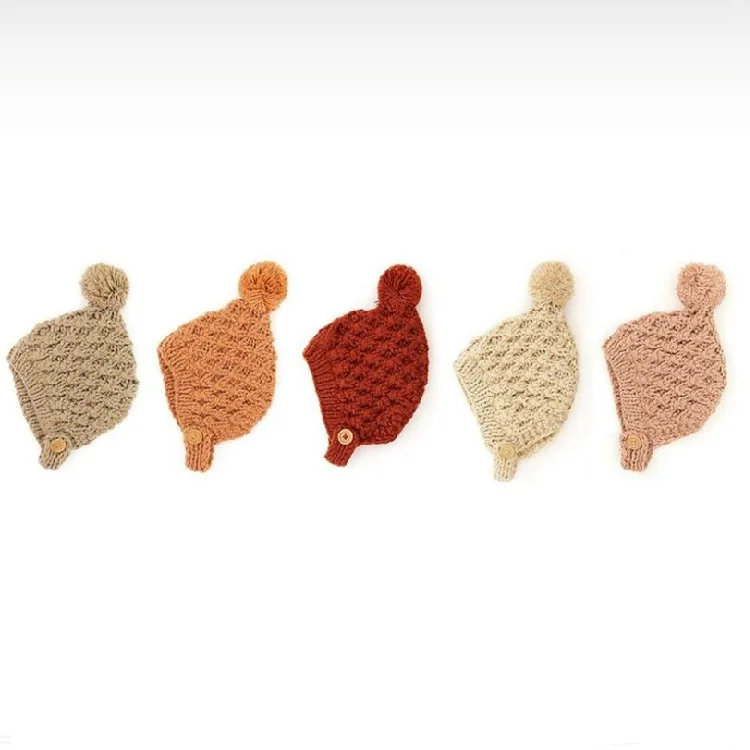 

New European and American Style Handmade Wool Knitting Mesh Wool Ball Warm Protective Ear Adjustable Button Children's Cap