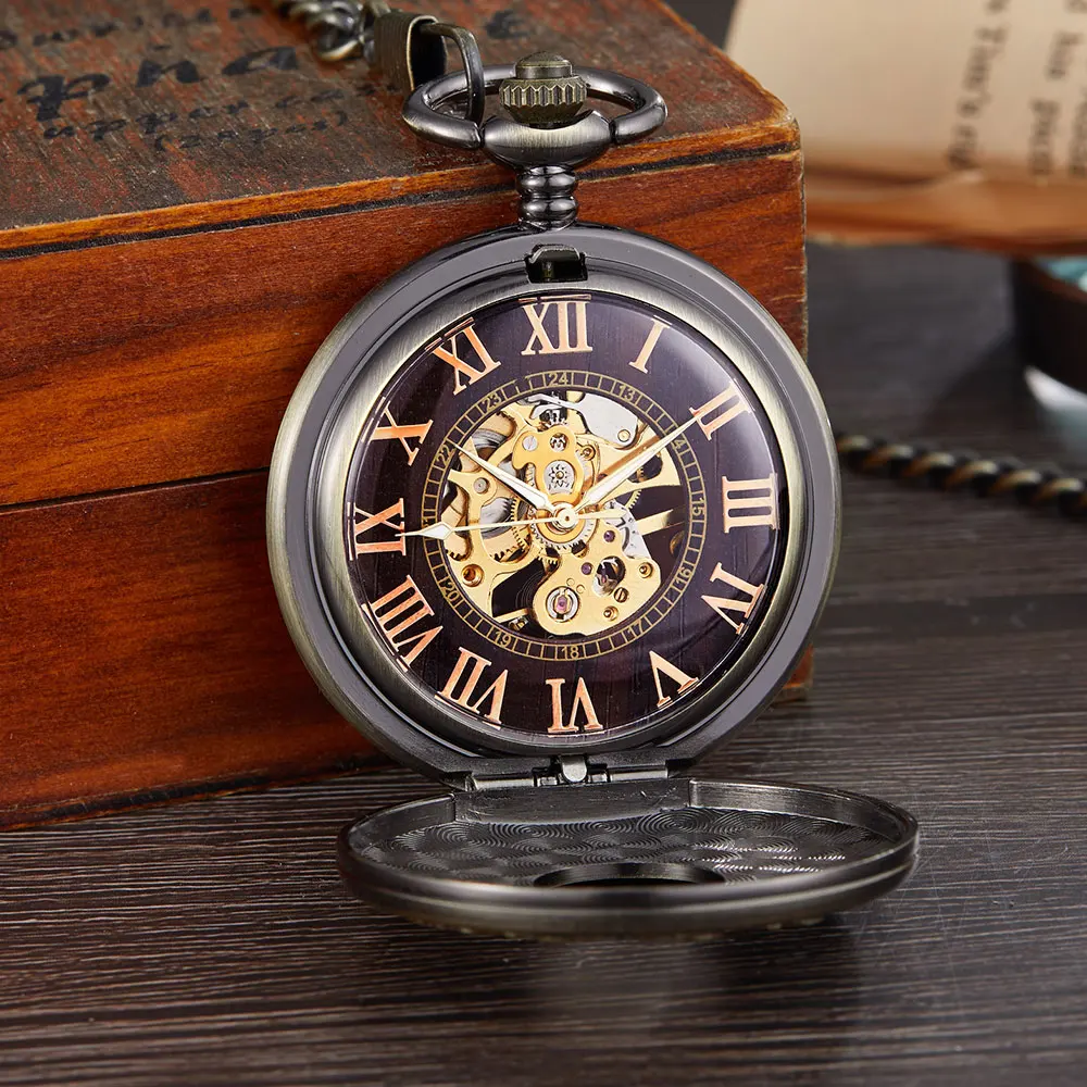 Vintage Number Dial Mechanical Pocket Watch Wood Circle Carved Men Unique Hollow Steampunk Retro Mechanical Clock Watches Chain