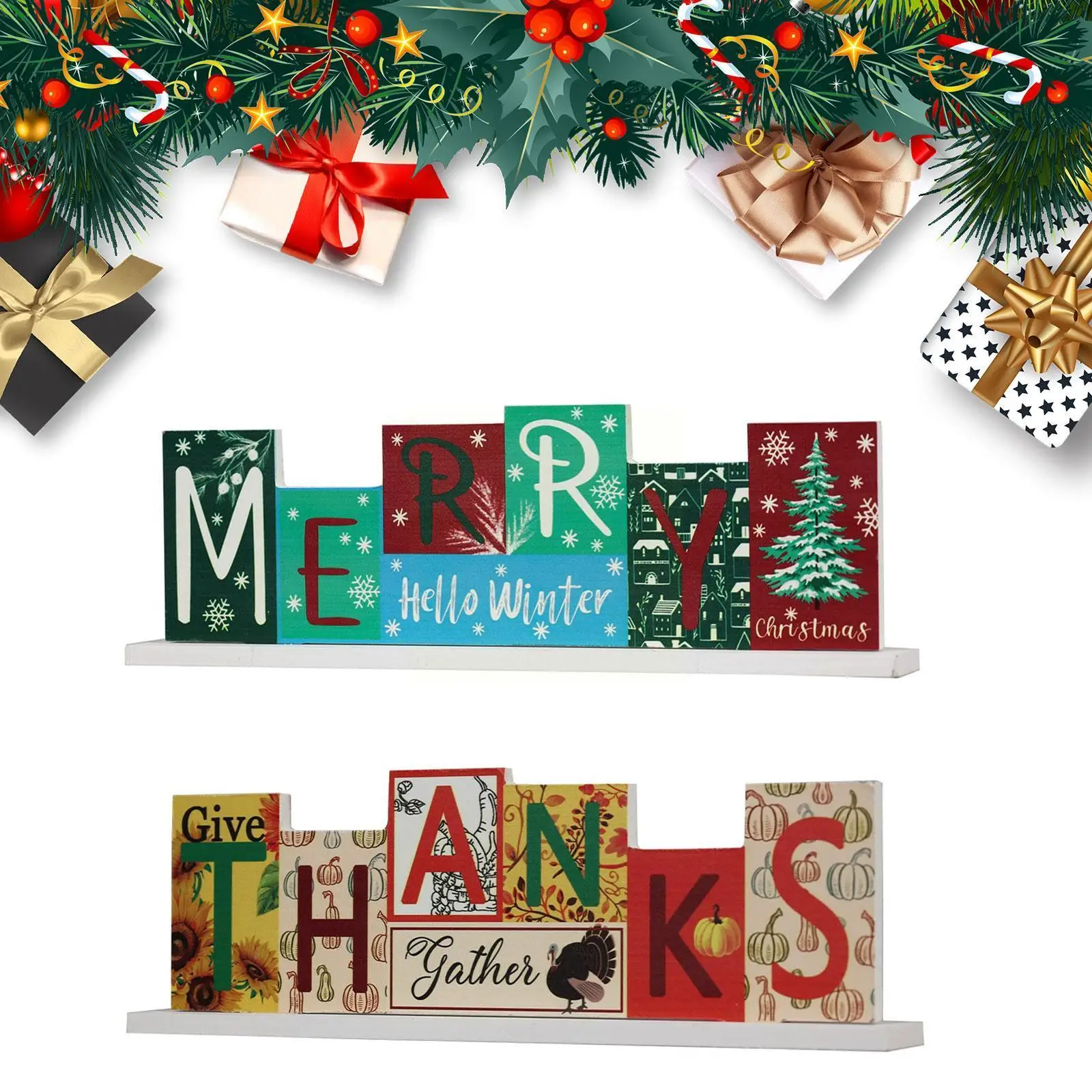 

1pc "Merry Thanks" Letters Wooden Table Decoration Cartoon Holiday Sign Farmhouse Rustic Tray Tier Backdrop Party R8S7