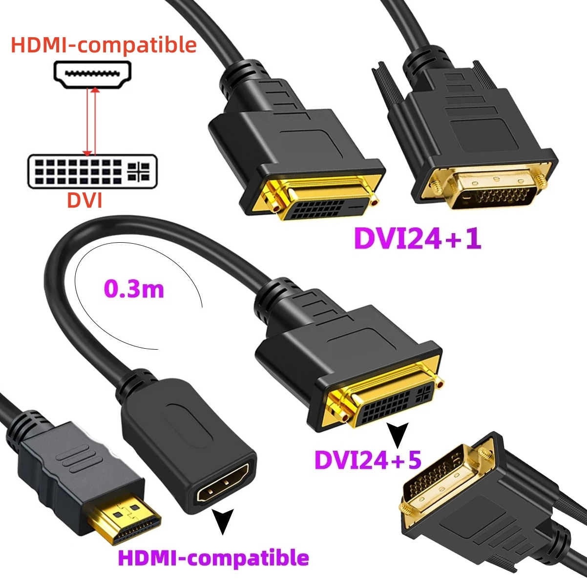 Фото 1080P HDMI-совместимый адаптер DVI, двунаправленный DVI 24 + 1/24 + 5-контактный кабель-совместимый с HDMI для PS4, монитора видеокарты ПК №1