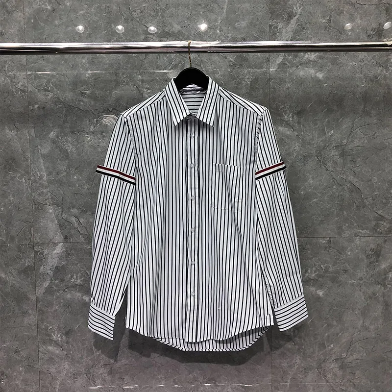 TB THOM Men's Shirt Clothing Summer Top Fashion Brand Striped Armband Slim Casual  Poplin Fine Cotton Long Sleeve Women's Shirts