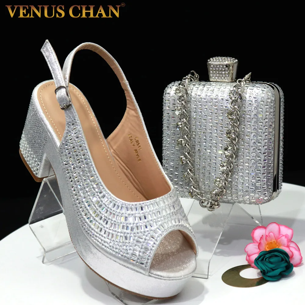 Venus Chan Latest Summer Women's Shoes Platform Heels Italian Design All Diamond Silver Evening Shoes and Bags Matching Set 2023