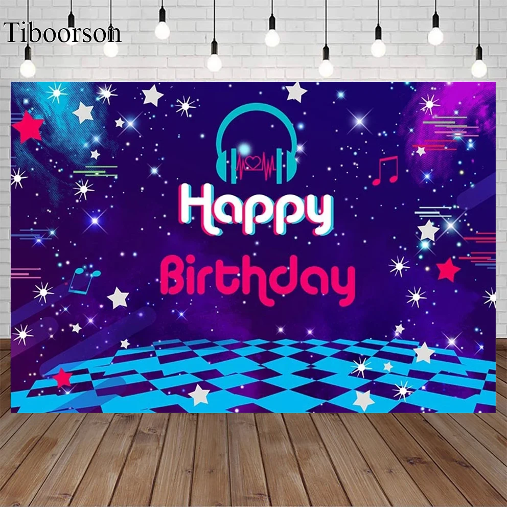 

Musical Symbol Photography Backdrop Happy Birthday DJ Karaoke Party Photo Background Glitter Star Vinyl for Photo Shoot Props