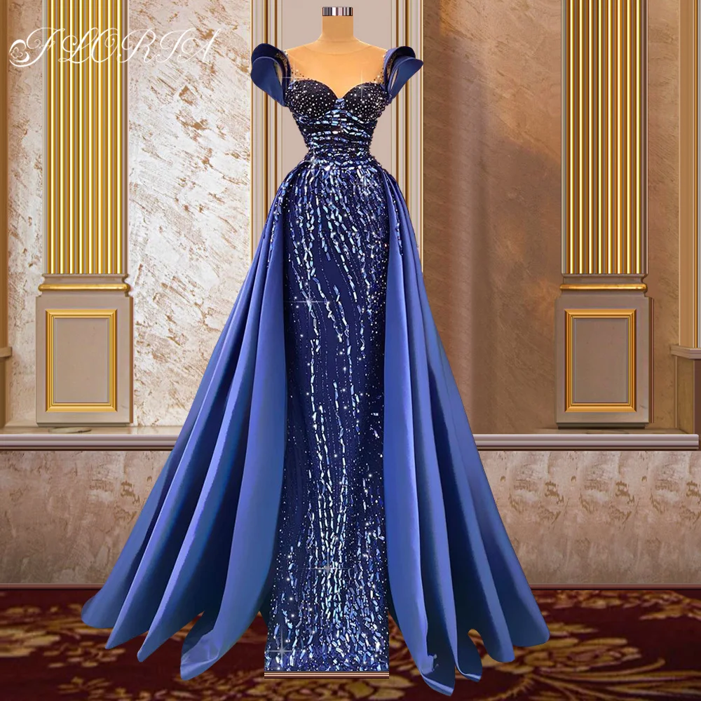 

Luxury Beaded Crystal Long Evening Dresses with Overskirt Blue Vintage Dubai Prom Gowns Celebrity Party Dress 2021 Event Wear