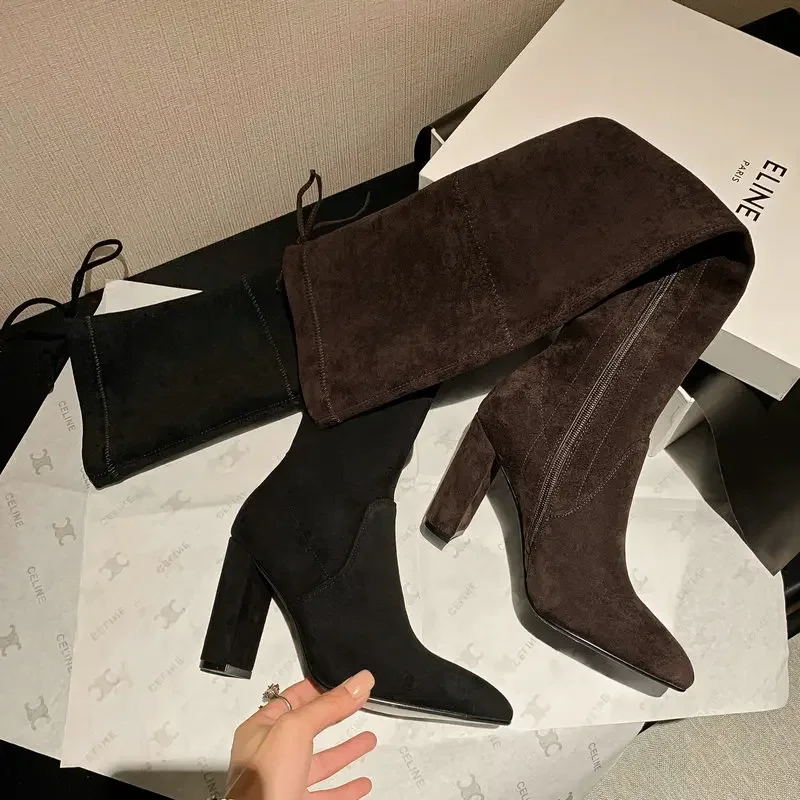 Замша нубук кожа блочный высокий каблук сексуальные женские выше колена носки