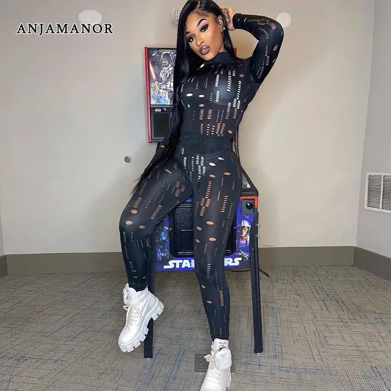 

ANJAMANOR Black Hollow Out Knit 2 Piece Leggings Set Sexy Outfits for Woman See Through Long Sleeve Top and Pants Sets D60-DI34