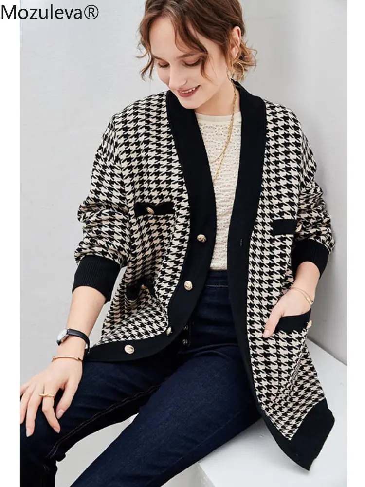 Осень-зима 2021 свитер с узором гусиная лапка свободный средней длины кардиган